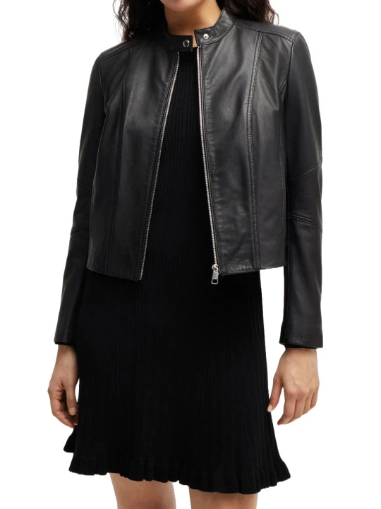 Zipper Sleeve Black Leather Jacket