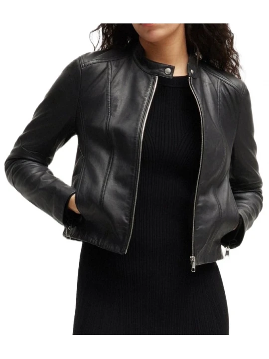 Zipper Sleeve Black Leather Jacket
