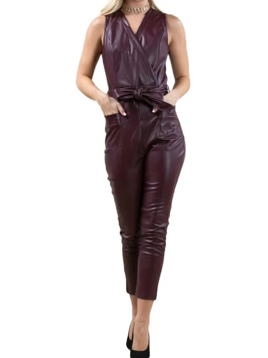 Belted Burgundy Leather Jumpsuit