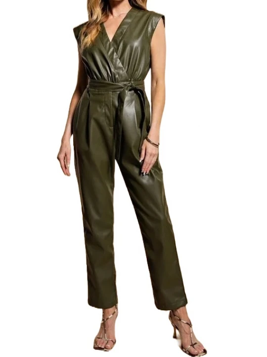 Belted Olive Green Leather Jumpsuit