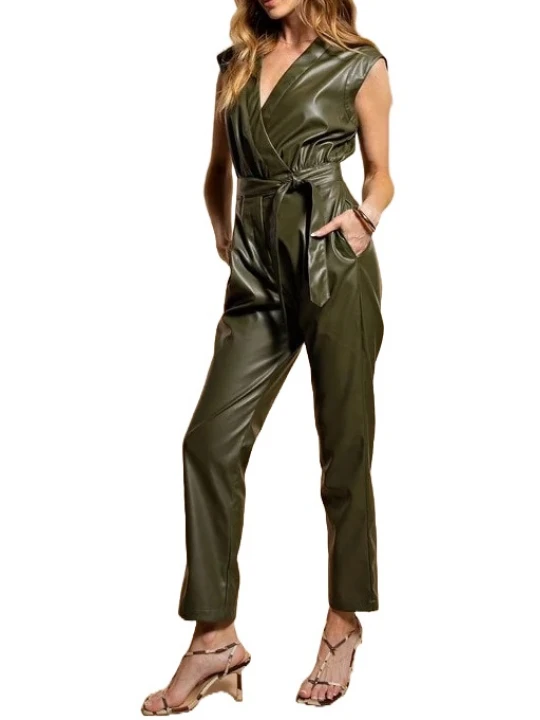 Belted Olive Green Leather Jumpsuit