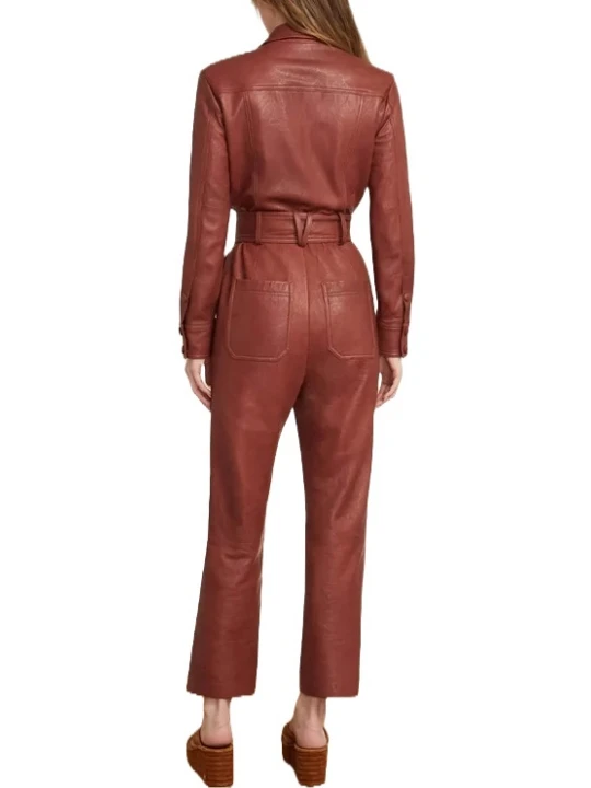 Brown Belted Leather Jumpsuit