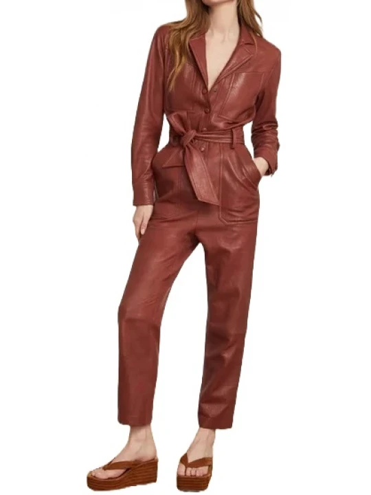 Brown Belted Leather Jumpsuit