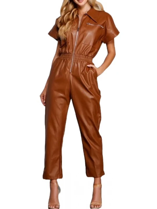 Brown Short Sleeve Leather Jumpsuit