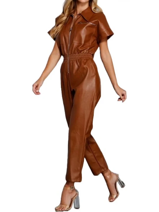Brown Short Sleeve Leather Jumpsuit
