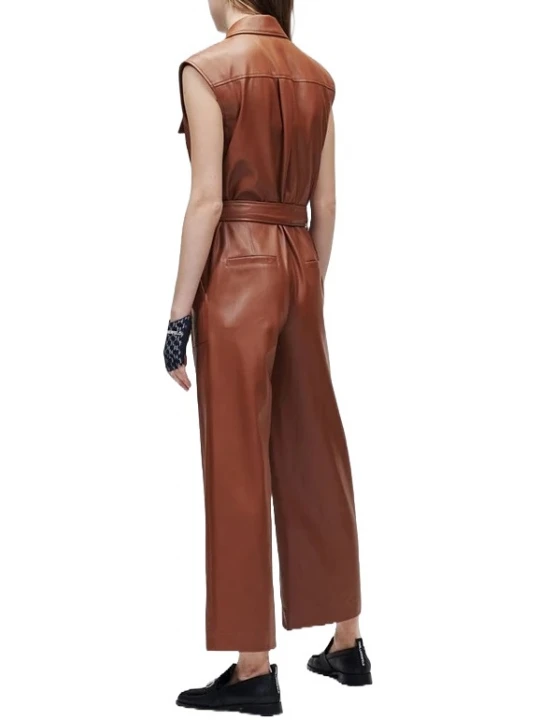 Brown Sleeveless Leather Jumpsuit