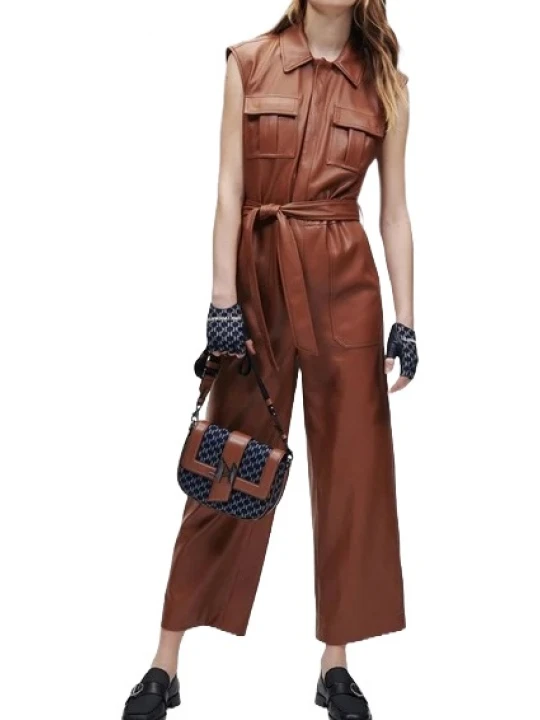 Brown Sleeveless Leather Jumpsuit