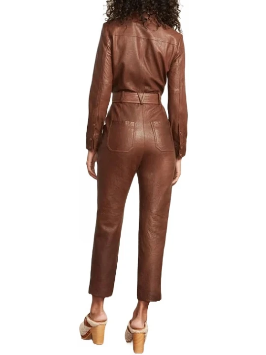 Brown Utility Belted Leather Jumpsuit