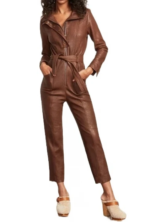 Brown Utility Belted Leather Jumpsuit