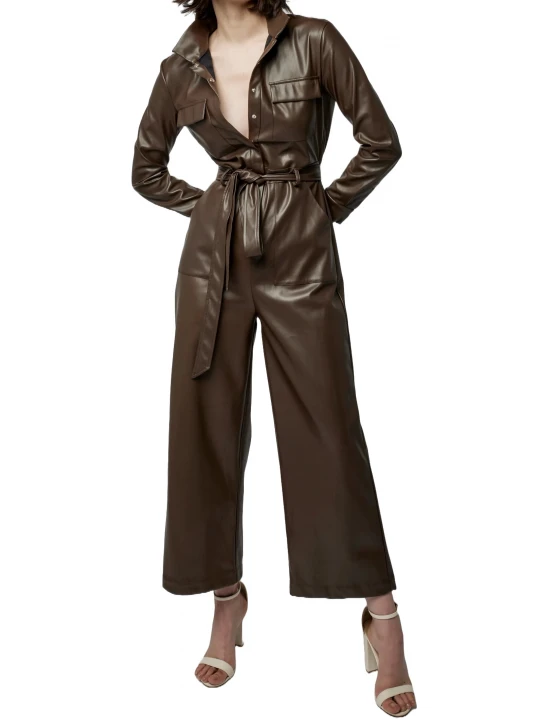 Brown Wide Leg Leather Jumpsuit