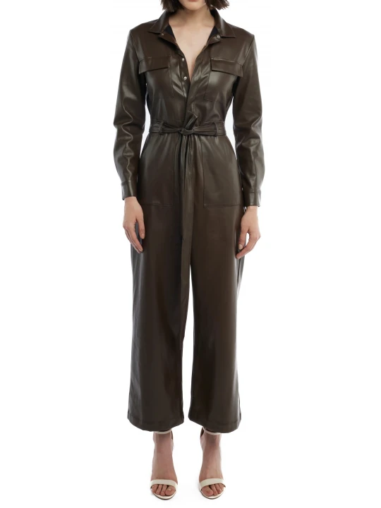 Brown Wide Leg Leather Jumpsuit