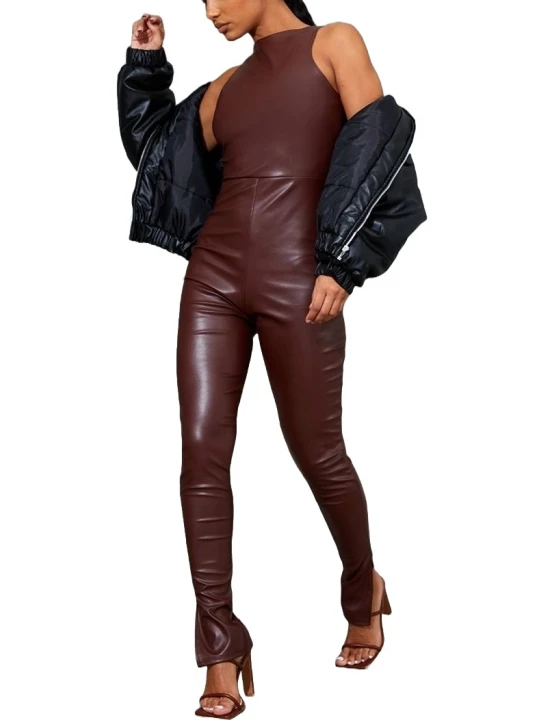 Burgundy Leather Split Hem Jumpsuit