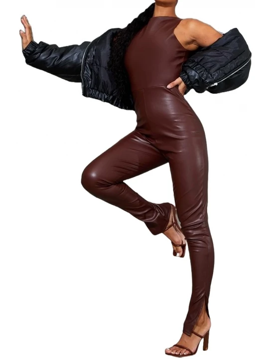 Burgundy Leather Split Hem Jumpsuit