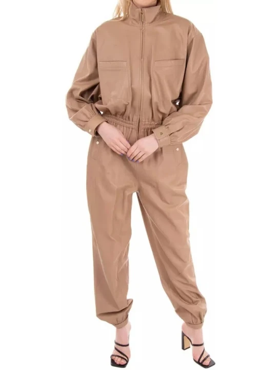 Elastic Waist Beige Leather Jumpsuit
