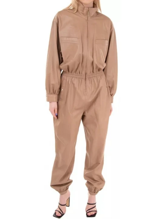 Elastic Waist Beige Leather Jumpsuit