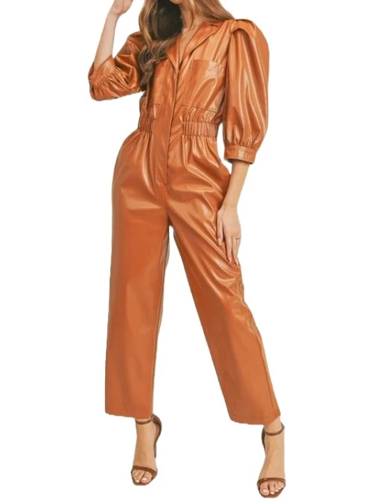 Elastic Waist Camel Leather Jumpsuit