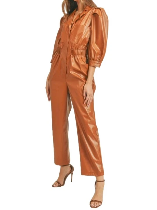 Elastic Waist Camel Leather Jumpsuit