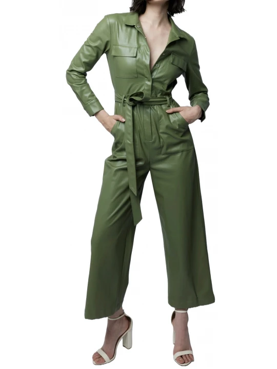 Olive Green Wide Leg Leather Jumpsuit