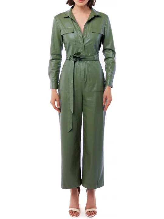 Olive Green Wide Leg Leather Jumpsuit