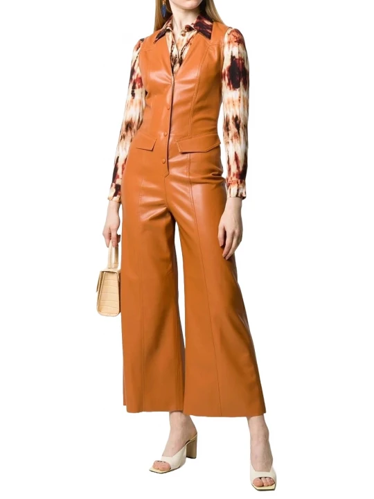Sleeveless Tan Leather Jumpsuit
