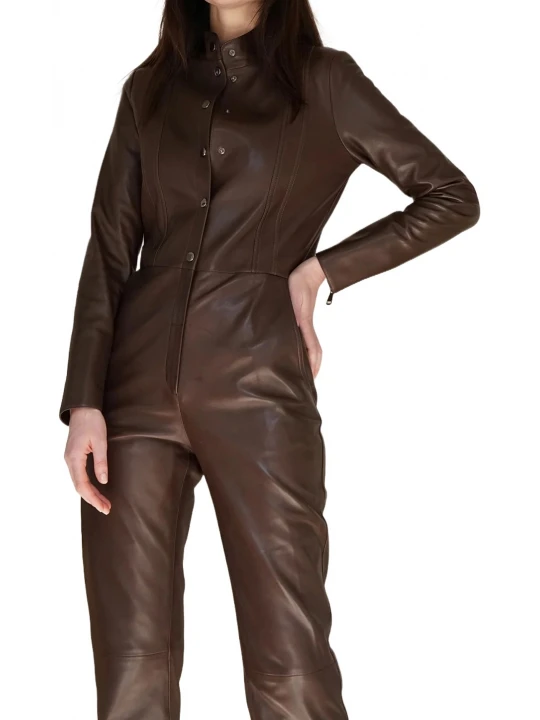 Snap Fastenings Brown Leather Jumpsuit