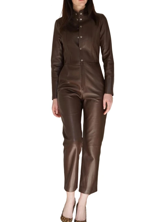 Snap Fastenings Brown Leather Jumpsuit