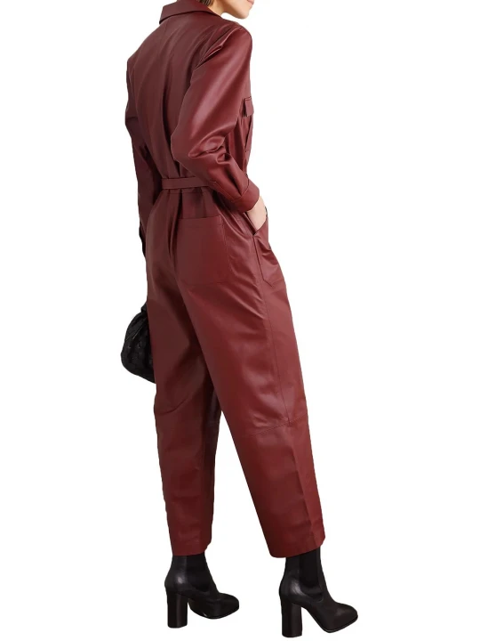 Snap Fastenings Burgundy Leather Jumpsuit