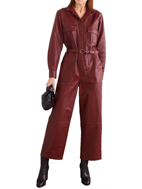Snap Fastenings Burgundy Leather Jumpsuit