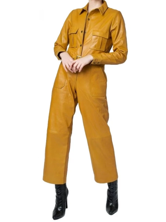 Snap Fastenings Yellow Leather Jumpsuit
