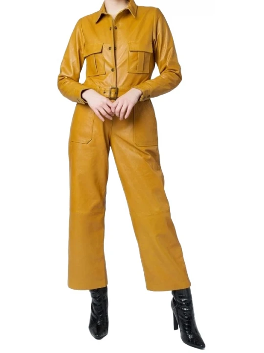Snap Fastenings Yellow Leather Jumpsuit