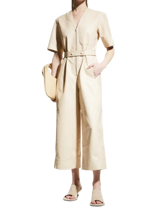 V Neck Beige Leather Jumpsuit
