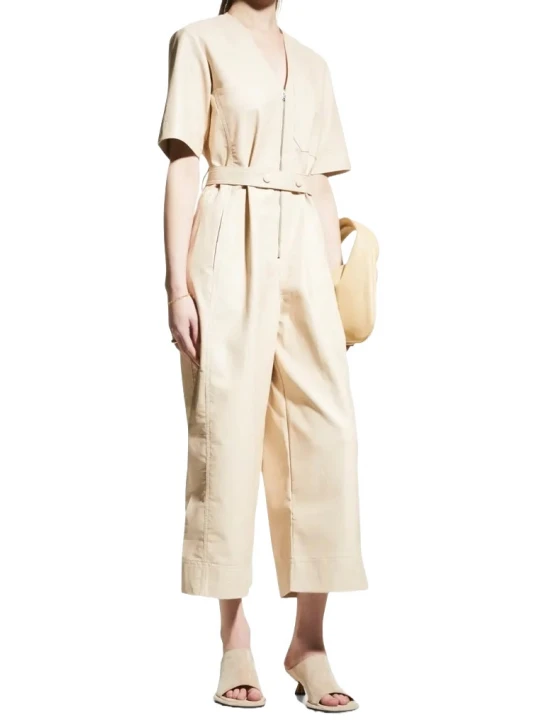 V Neck Beige Leather Jumpsuit