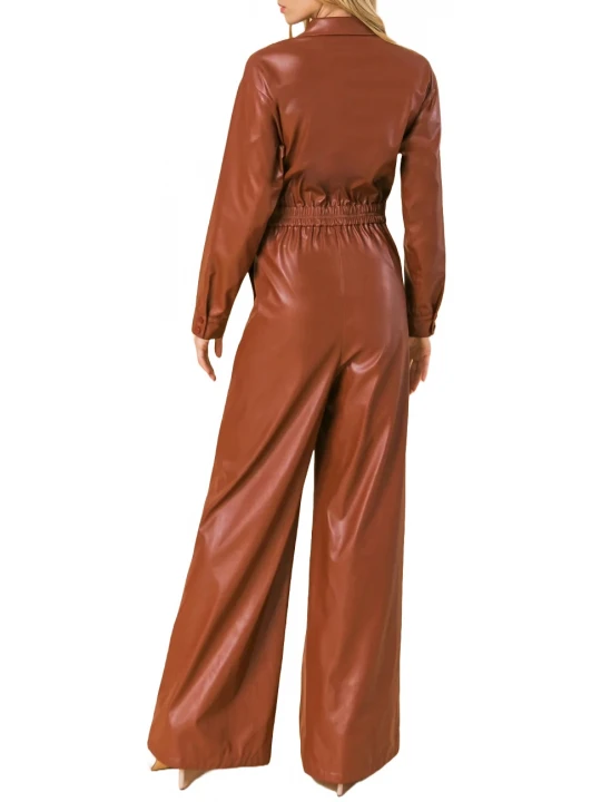 Wide Leg Brown Leather Jumpsuit