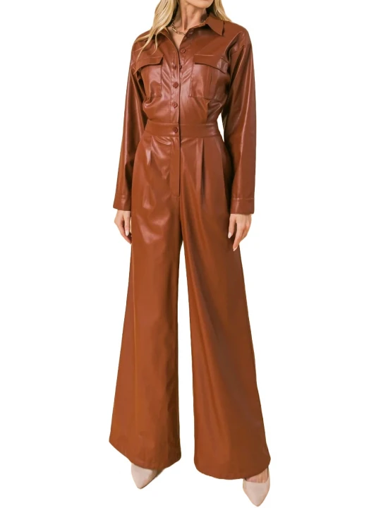 Wide Leg Brown Leather Jumpsuit