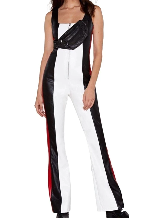 Womens Glamorous Wear Original Sheepskin White Red and black Leather Jumpsuit