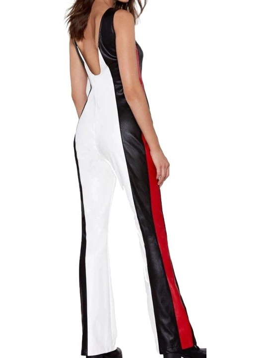 Womens Glamorous Wear Original Sheepskin White Red and black Leather Jumpsuit