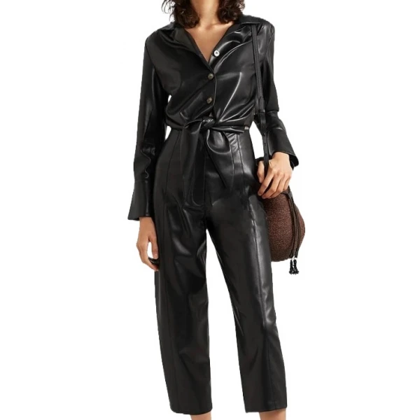 Womens Sophisticated Original Sheepskin Black Leather Jumpsuit