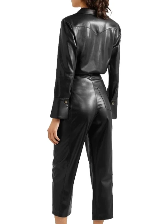 Womens Sophisticated Original Sheepskin Black Leather Jumpsuit