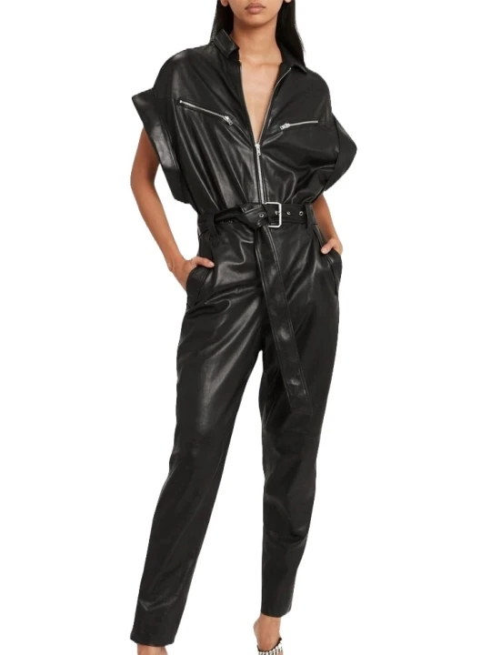 Womens Trendsetting Real Sheepskin Black Leather Jumpsuit