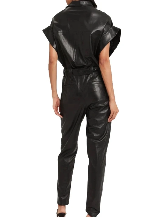 Womens Trendsetting Real Sheepskin Black Leather Jumpsuit