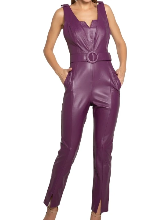 Womens Amazing Look Real Sheepskin Purple Leather Jumpsuit