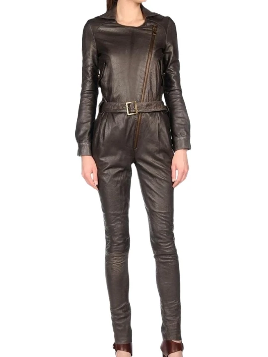 Womens Asymmetric Zipper Original Sheepskin Brown Leather Jumpsuit