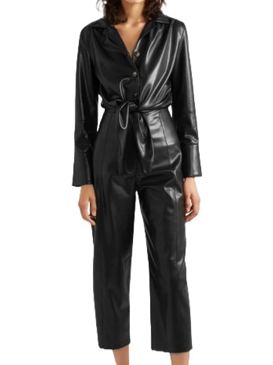 Womens Bold Fashion Original Sheepskin Black Leather Jumpsuit