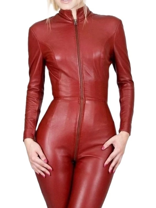 Womens City Wear Original Sheepskin Cherry Red Leather Jumpsuit