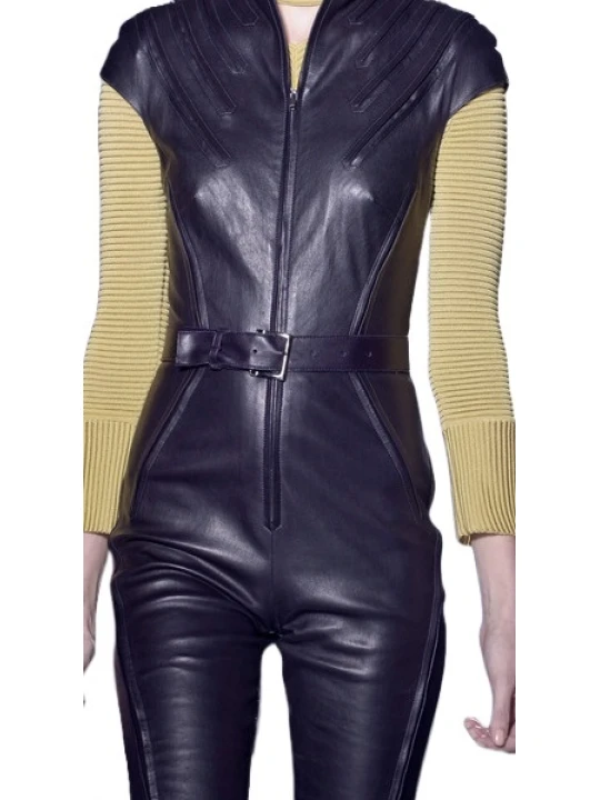 Womens Classic Real Sheepskin Navy Blue Leather Jumpsuit