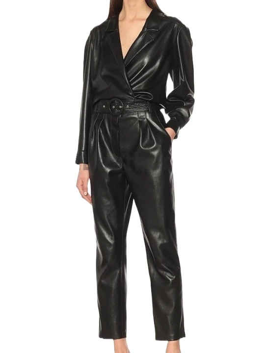 Womens Corporate Wear Original Sheepskin Black Leather Jumpsuit