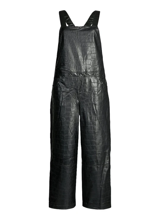 Womens Crocodile Embossed Original Sheepskin Black Leather Jumpsuit