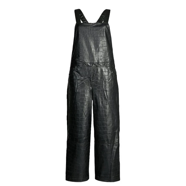 Womens Crocodile Embossed Original Sheepskin Black Leather Jumpsuit