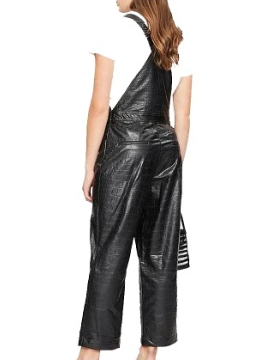Womens Crocodile Embossed Original Sheepskin Black Leather Jumpsuit