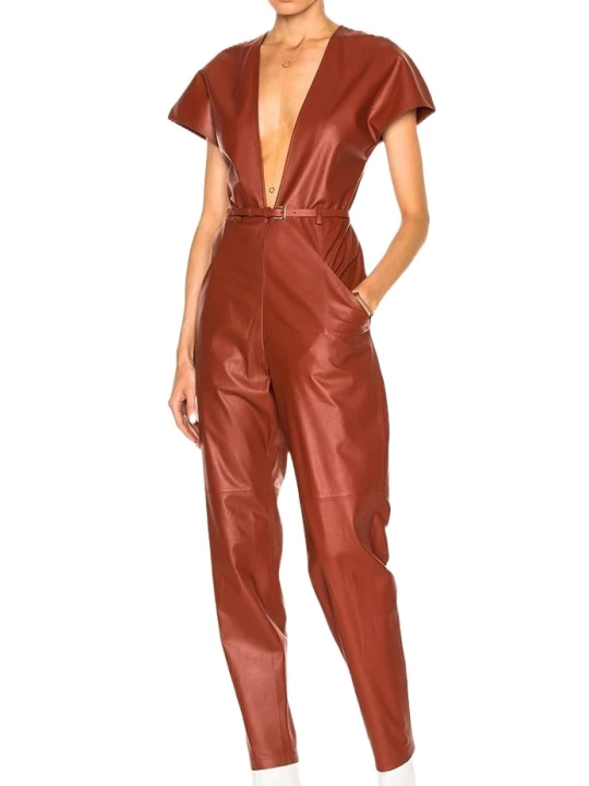 Womens Dashing Look Original Sheepskin Tan Leather Jumpsuit